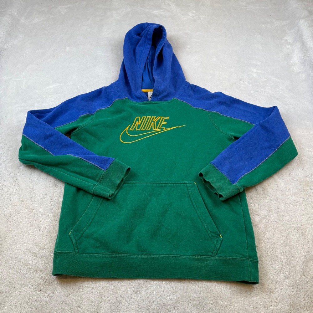 Nike Color Block Hoodie Blue Green Yellow Logo Pullover Athleisure Size L